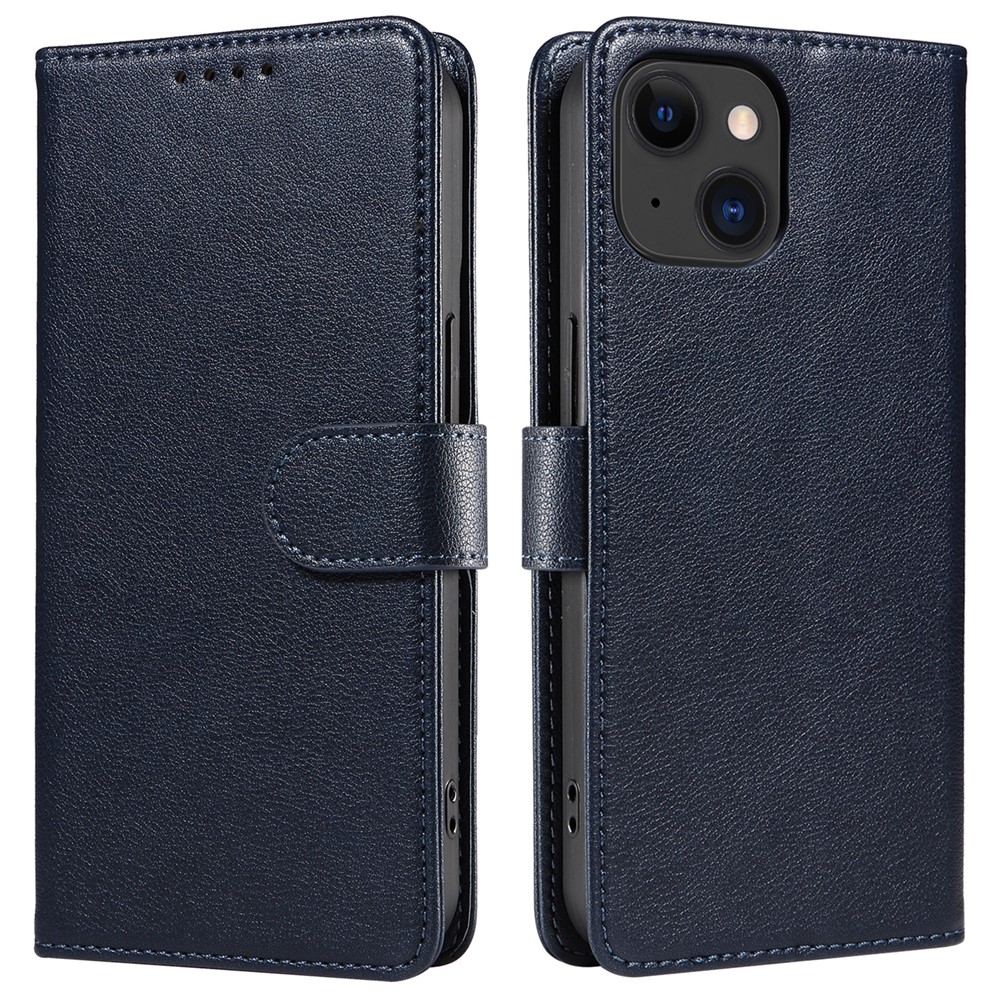 For iPhone 14 Leather Case Litchi Texture RFID Blocking Wallet Stand Phone Cover - Blue