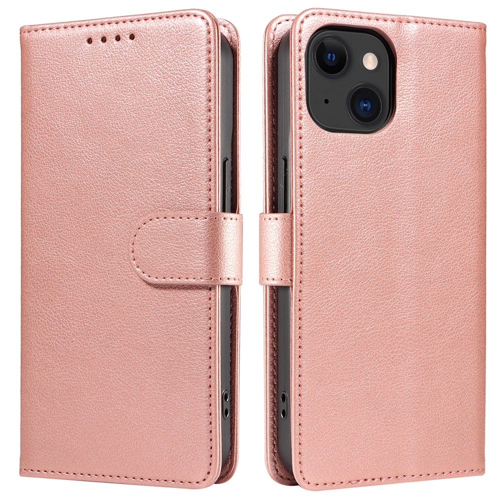 For iPhone 14 Leather Case Litchi Texture RFID Blocking Wallet Stand Phone Cover - Rose Gold