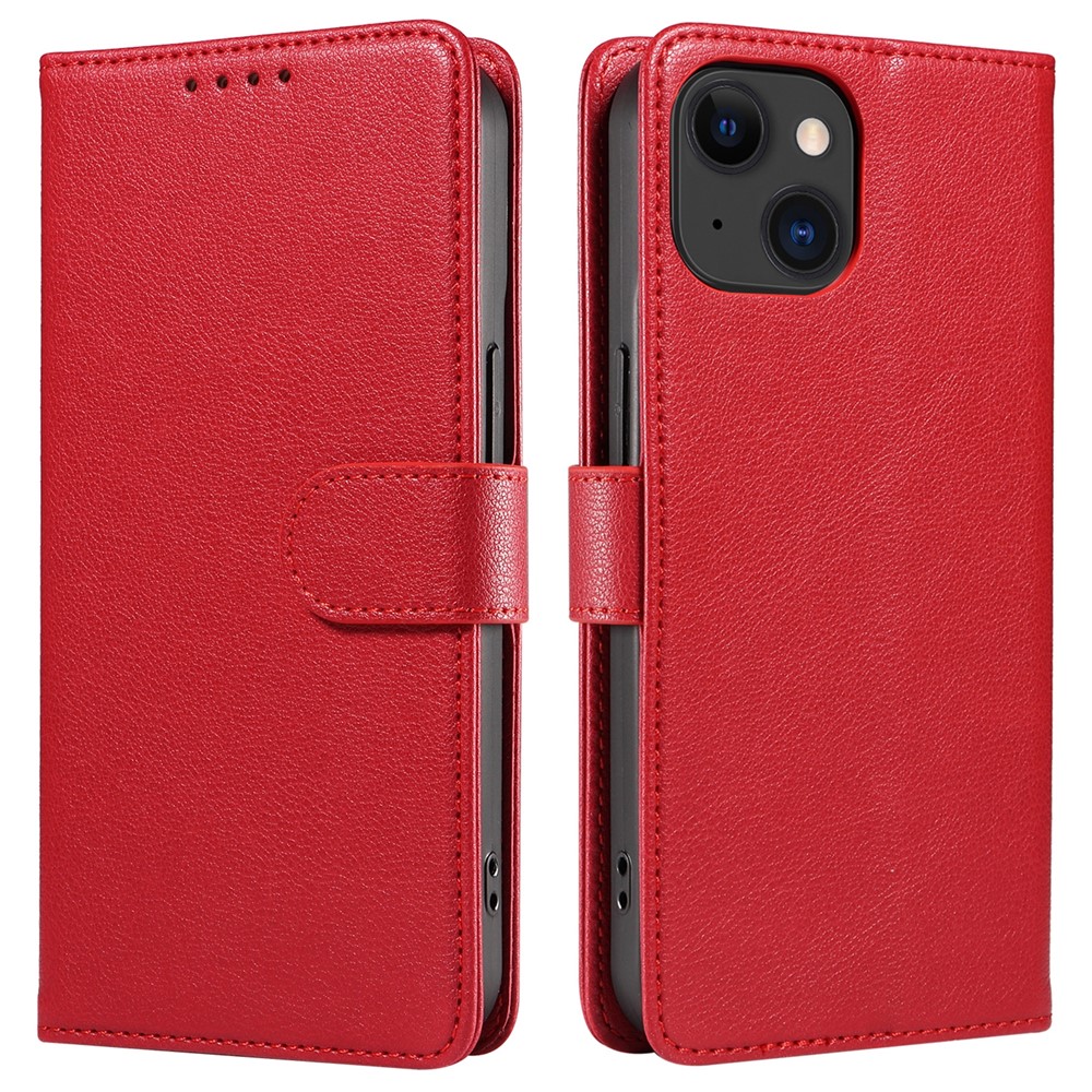 For iPhone 13 Leather Case Litchi Texture RFID Blocking Wallet Stand Phone Cover - Wine Red
