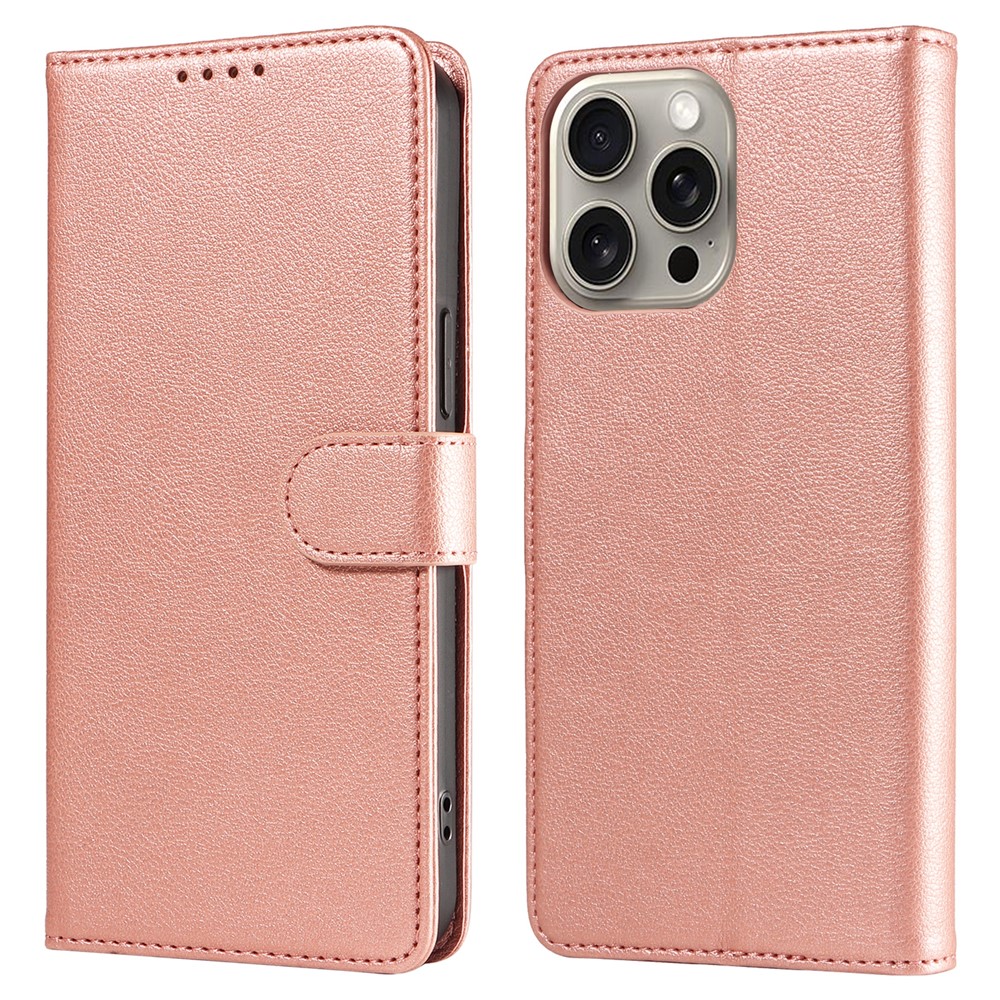 For iPhone 14 Pro Leather Case Litchi Texture RFID Blocking Wallet Stand Phone Cover - Rose Gold