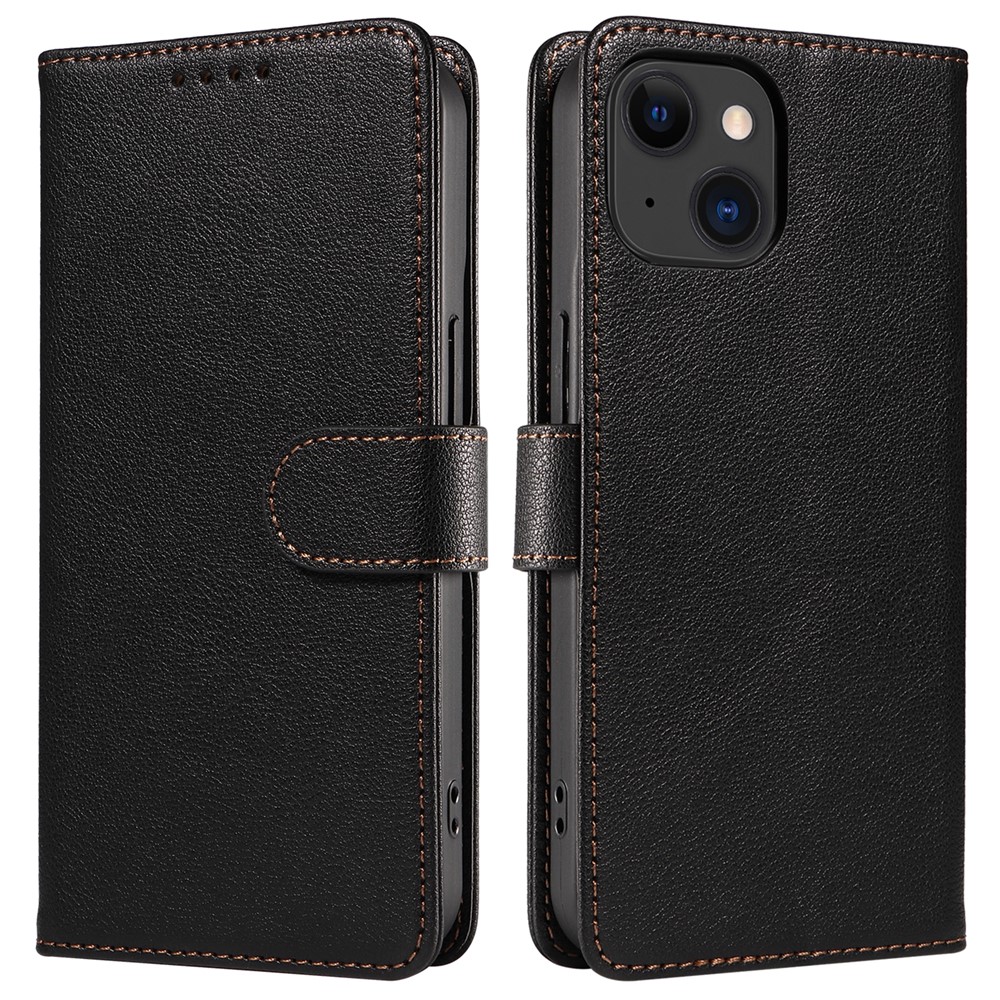 For iPhone 14 Plus Leather Case Litchi Texture RFID Blocking Wallet Stand Phone Cover - Black