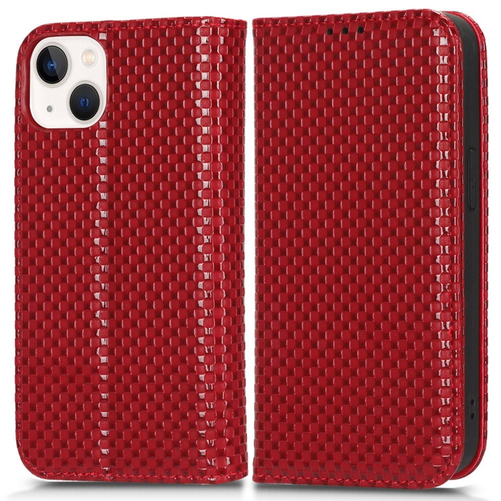For iPhone 13 mini 5.4 inch Grid Texture Magnetic Auto-absorbed Phone Cover Full Protection PU Leather Phone Case Wallet - Wine Red