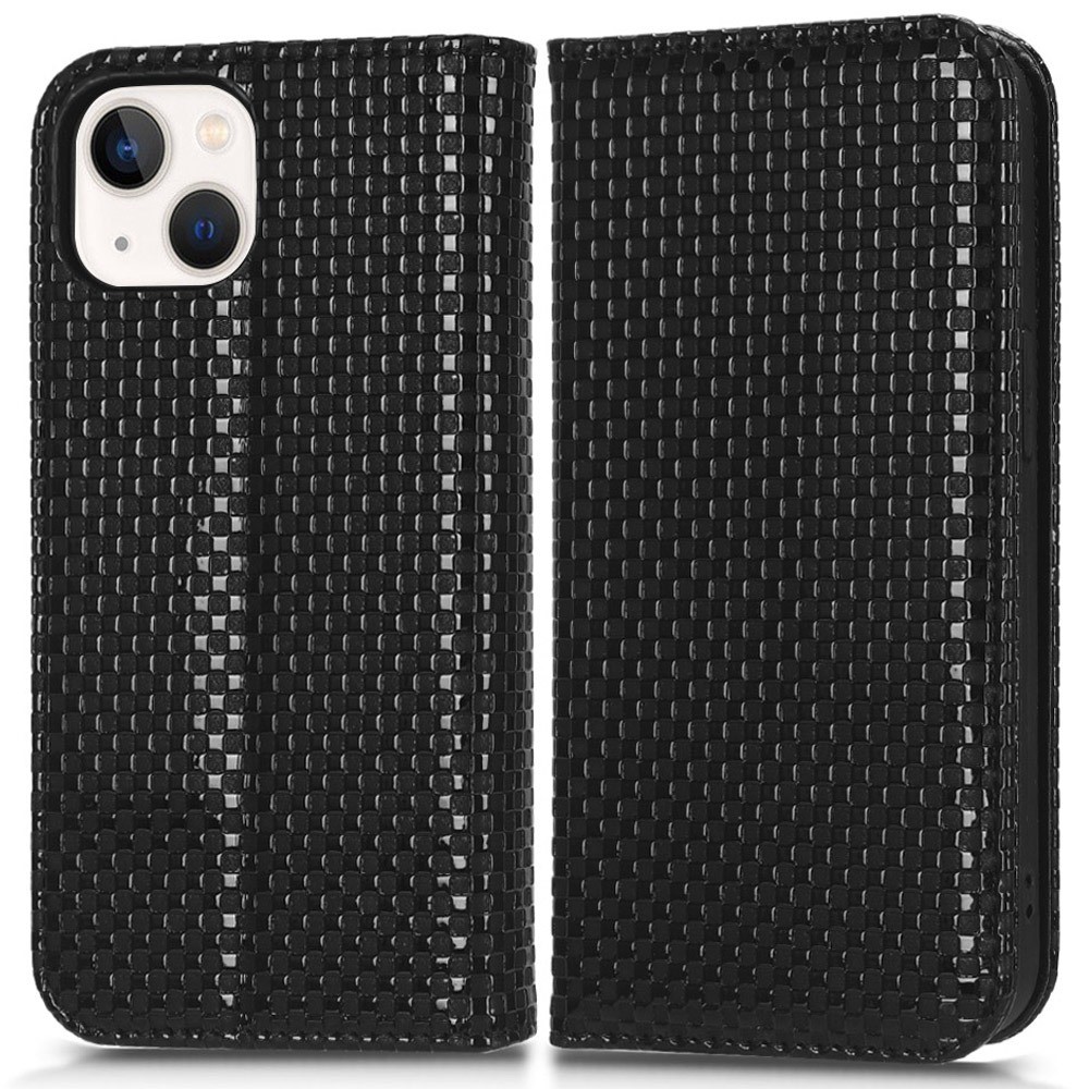 For iPhone 13 mini 5.4 inch Grid Texture Magnetic Auto-absorbed Phone Cover Full Protection PU Leather Phone Case Wallet - Black