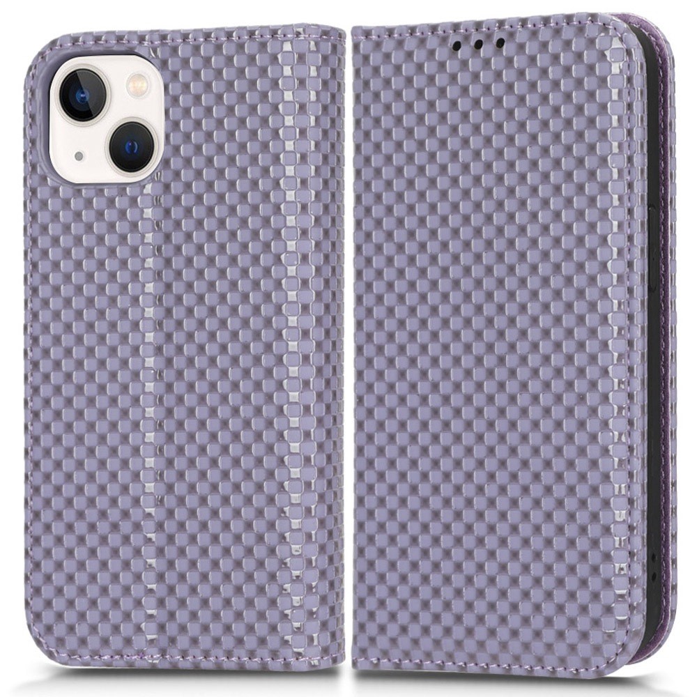 For iPhone 13 mini 5.4 inch Grid Texture Magnetic Auto-absorbed Phone Cover Full Protection PU Leather Phone Case Wallet - Light Purple