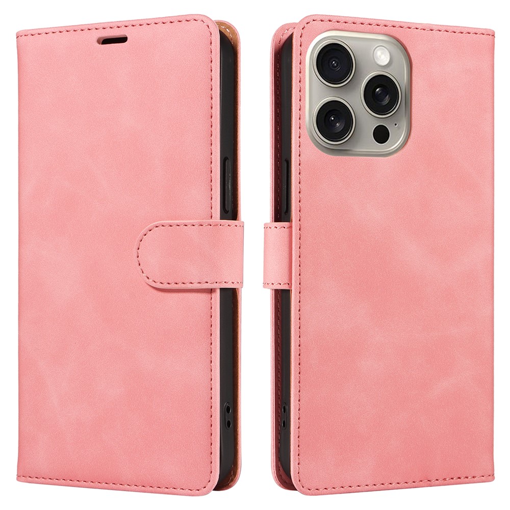 For iPhone 14 Pro Case RFID Blocking Wallet Stand Leather Flip Phone Cover with Slim Strap - Pink