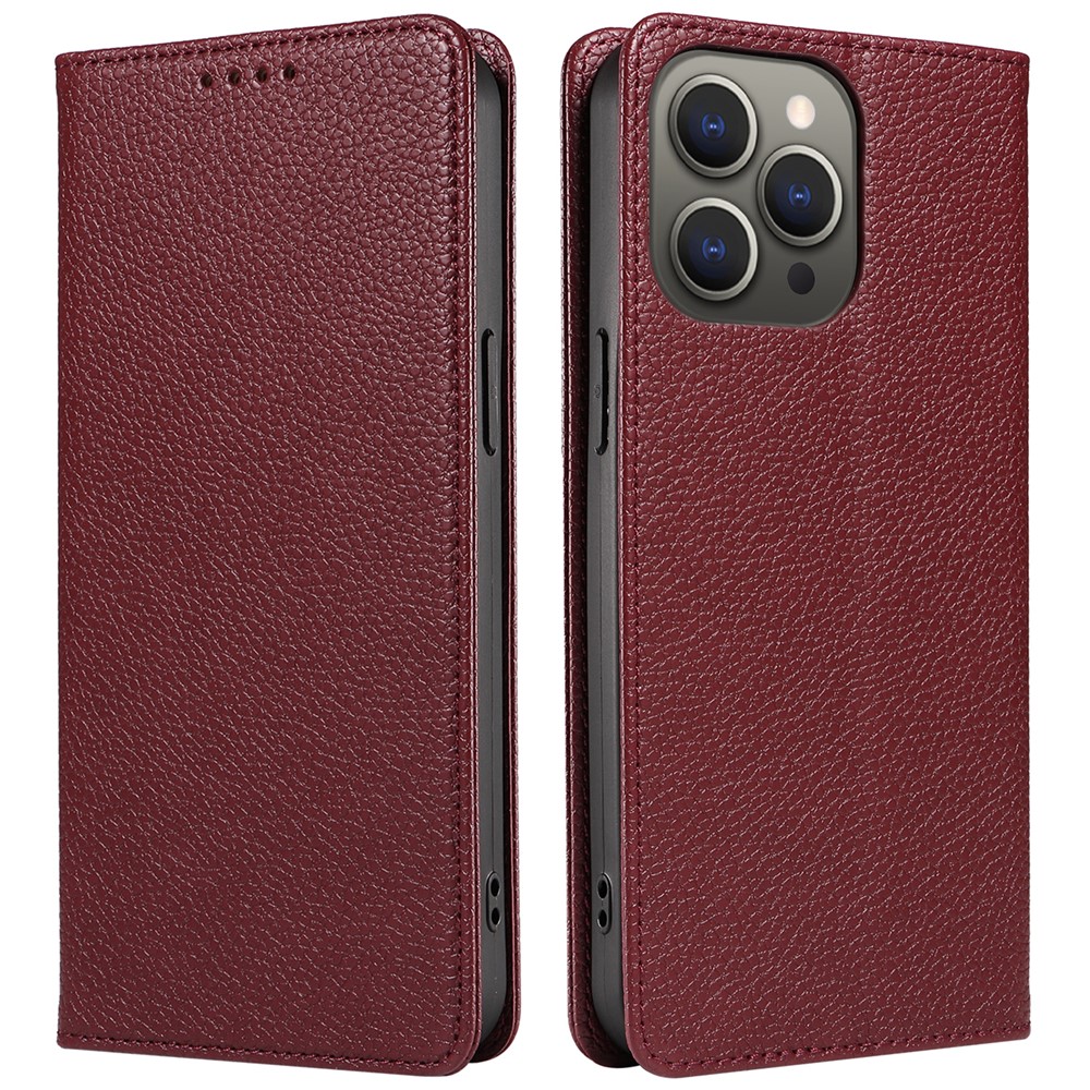For iPhone 14 Pro Max Case RFID Blocking Strong Magnetic Leather Wallet Phone Cover - Wine Red