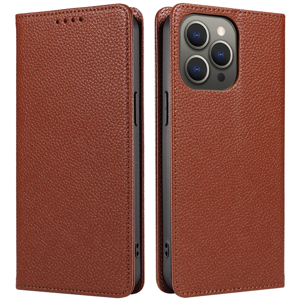 For iPhone 14 Pro Max Case RFID Blocking Strong Magnetic Leather Wallet Phone Cover - Brown