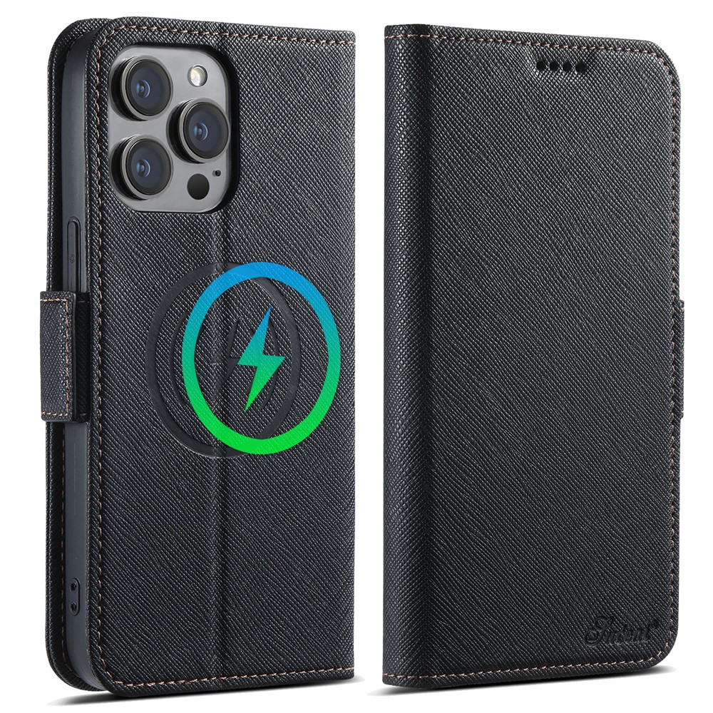 SUTENI J08 For iPhone 12 Pro / 12 Case Compatible with MagSafe Cross Texture Leather Wallet Phone Cover - Black