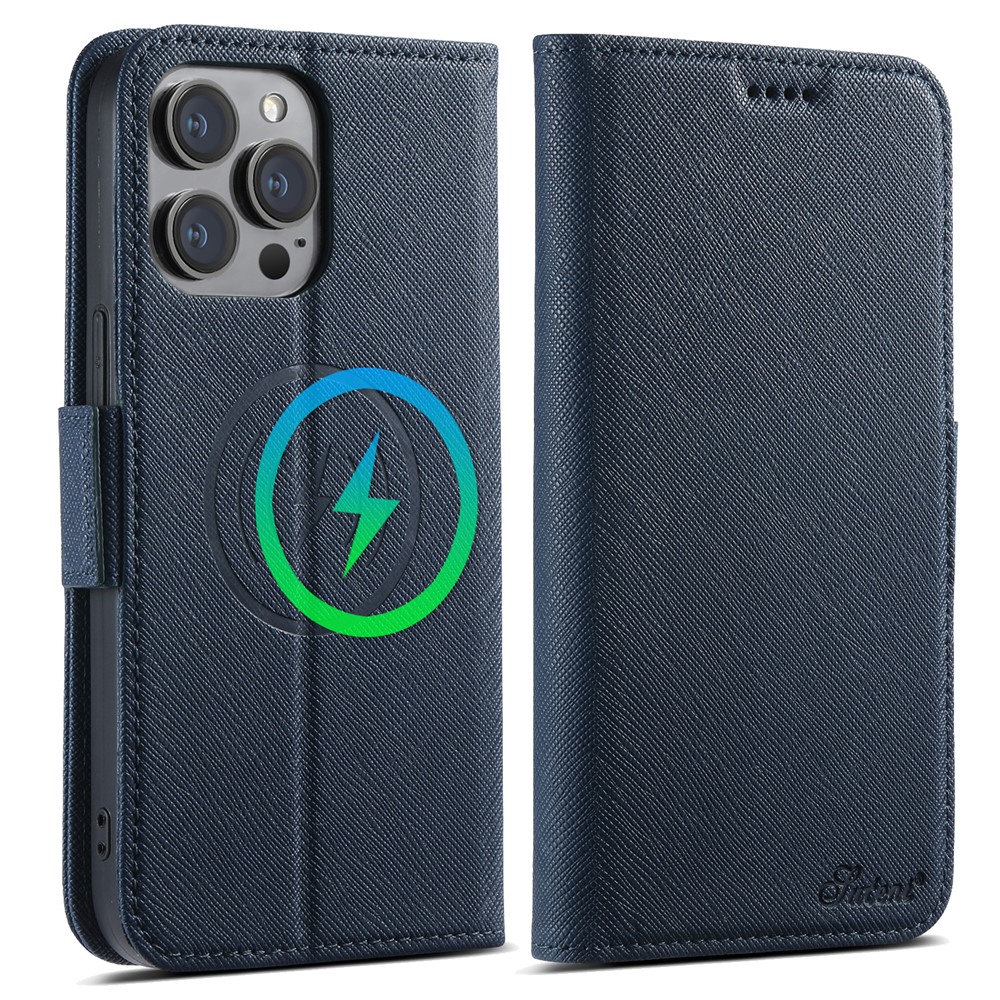 SUTENI J08 For iPhone 14 Pro Max Case Compatible with MagSafe Cross Texture Leather Wallet Phone Cover - Blue