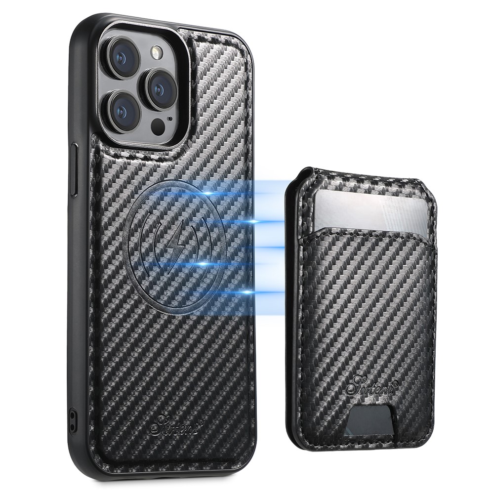 SUTENI H18 For iPhone 14 Pro Magnetic Case Carbon Fiber Texture Leather+TPU Cover with Detachable Card Bag