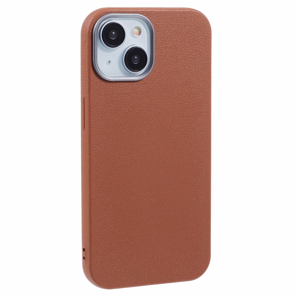 For iPhone 14 Case Electroplating Lens Frame Textured TPU Shockproof Phone Cover - Brown