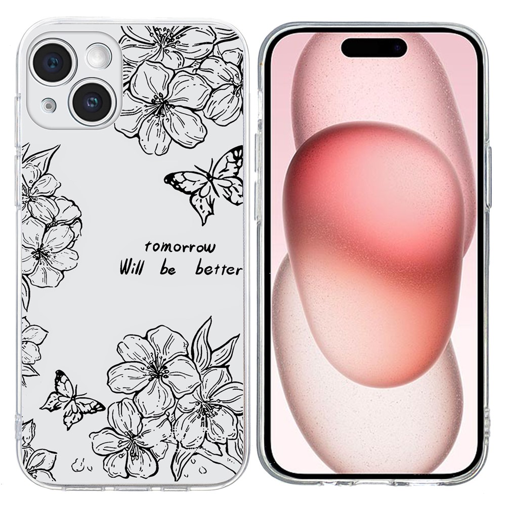 For iPhone 15 Case Pattern Printing Shockproof Soft TPU Phone Cover - Butterfly Flower