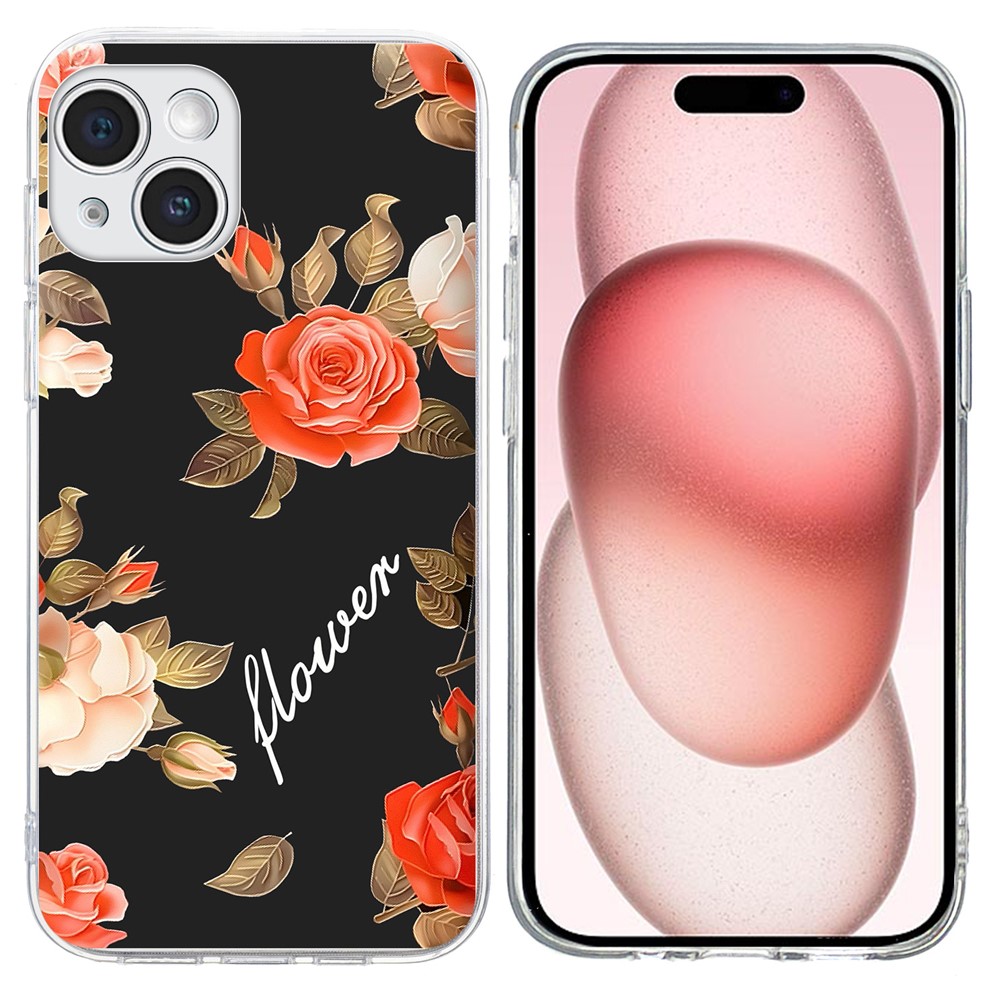 For iPhone 15 Case Pattern Printing Shockproof Soft TPU Phone Cover - Black Background Flowers