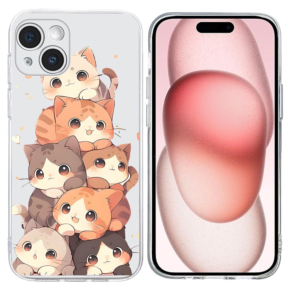 For iPhone 15 Plus Case Pattern Printing Shockproof Soft TPU Phone Cover - Multiple Kittens