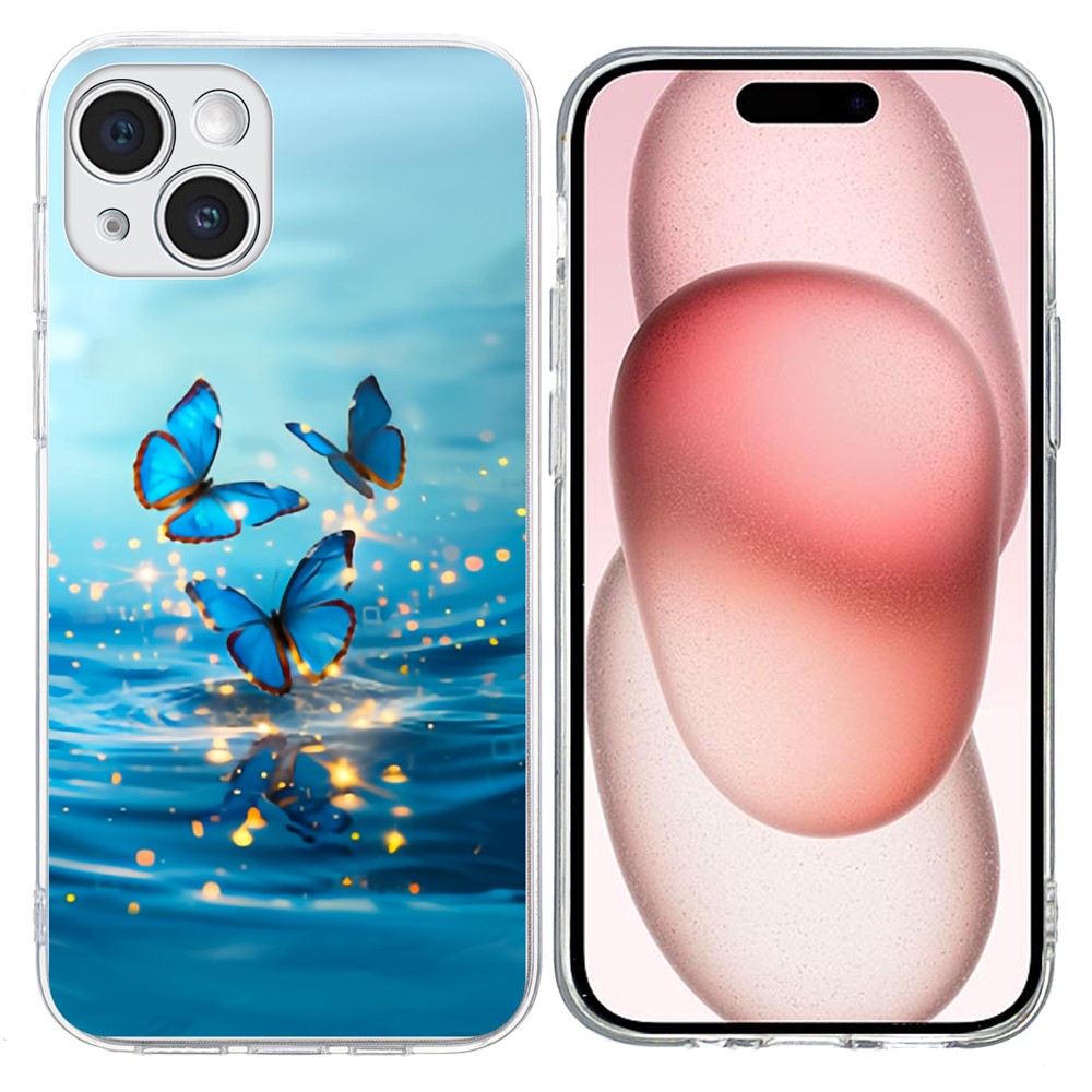 For iPhone 15 Plus Case Pattern Printing Shockproof Soft TPU Phone Cover - Blue Butterfly