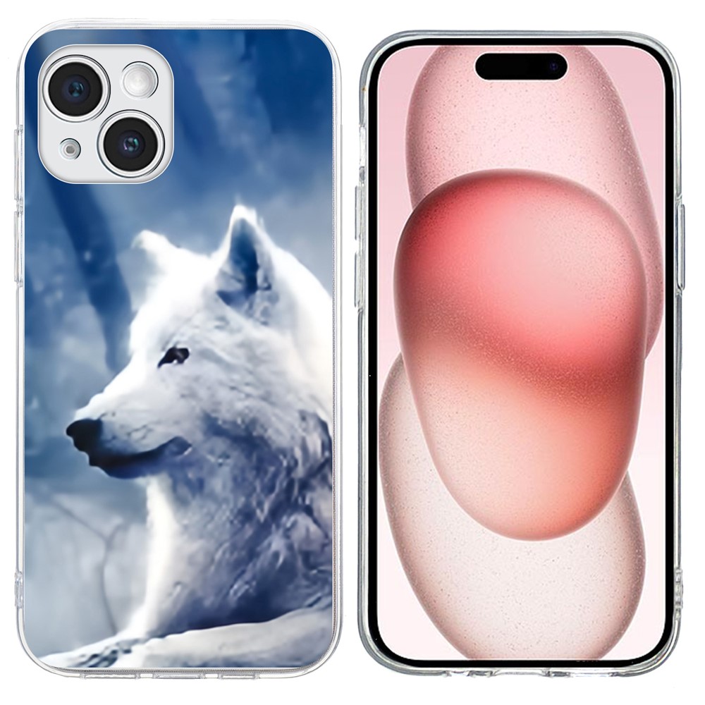 For iPhone 15 Plus Case Pattern Printing Shockproof Soft TPU Phone Cover - White Wolf