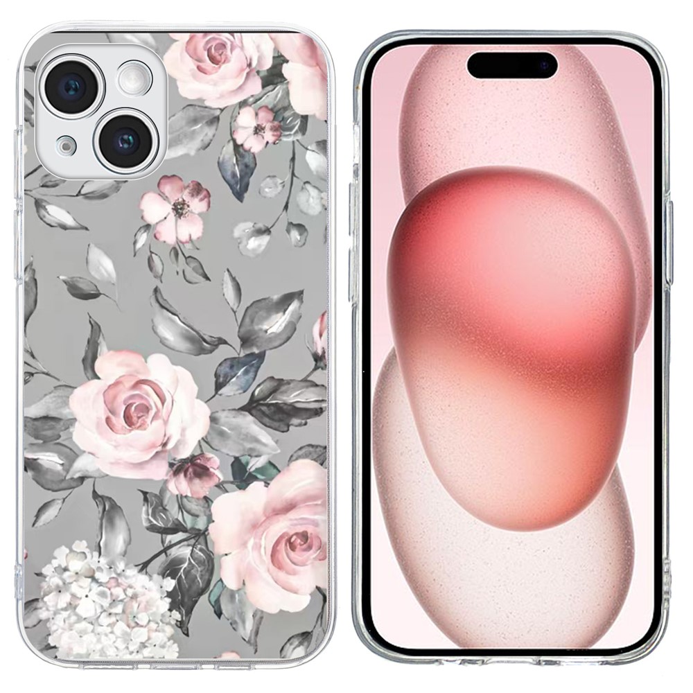 For iPhone 15 Plus Case Pattern Printing Shockproof Soft TPU Phone Cover - Grey Background Flowers