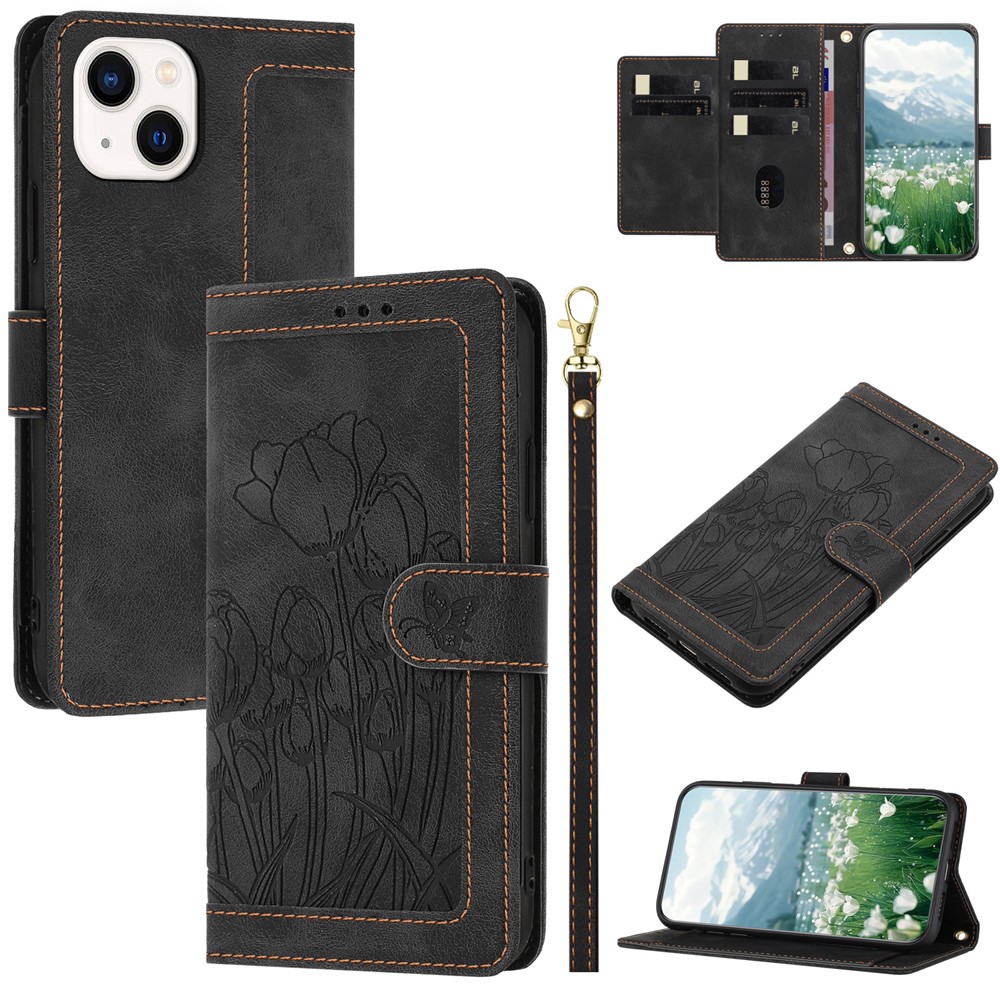 For iPhone 15 Case Tulip Leather Phone Cover with 5 Card Slots Wallet - Black