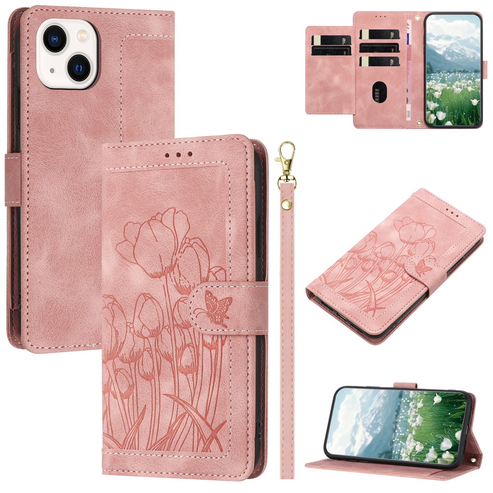 For iPhone 15 Case Tulip Leather Phone Cover with 5 Card Slots Wallet - Pink