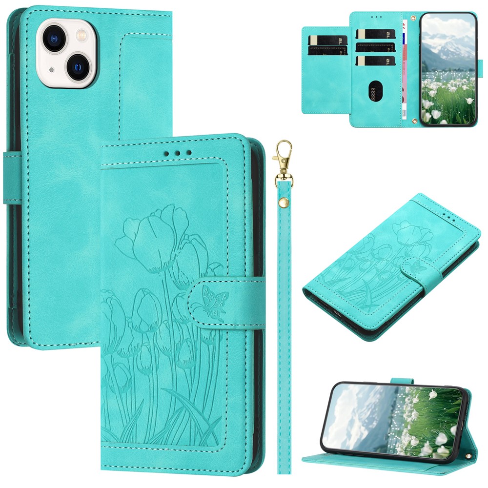 For iPhone 15 Case Tulip Leather Phone Cover with 5 Card Slots Wallet - Green