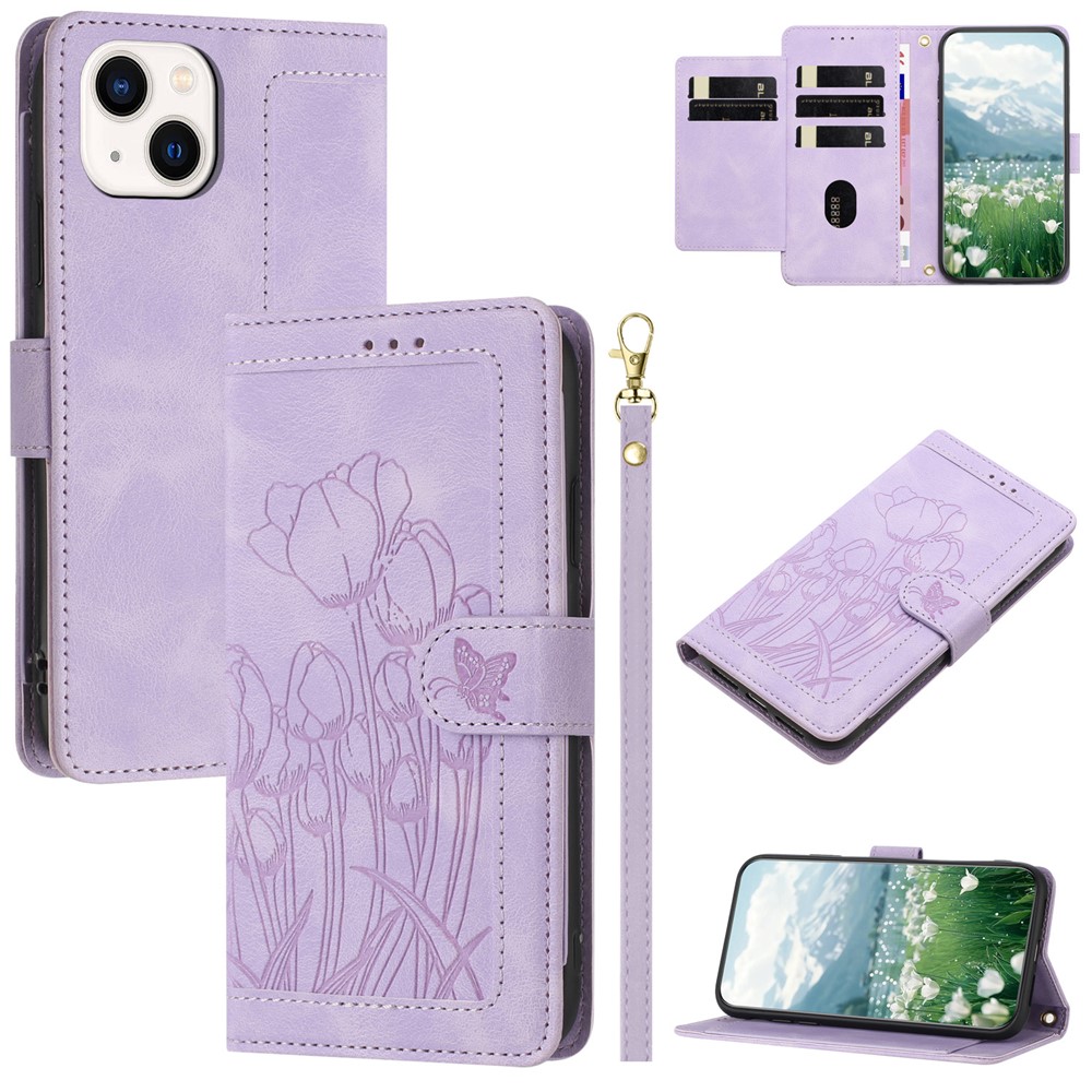 For iPhone 15 Case Tulip Leather Phone Cover with 5 Card Slots Wallet - Purple