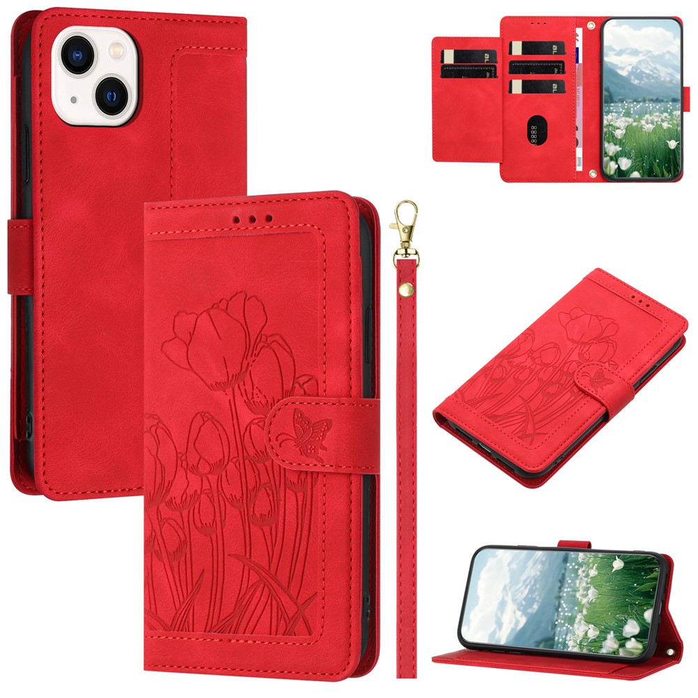 For iPhone 15 Case Tulip Leather Phone Cover with 5 Card Slots Wallet - Red