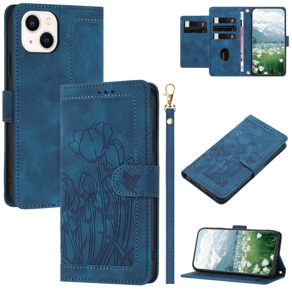 For iPhone 15 Case Tulip Leather Phone Cover with 5 Card Slots Wallet - Blue