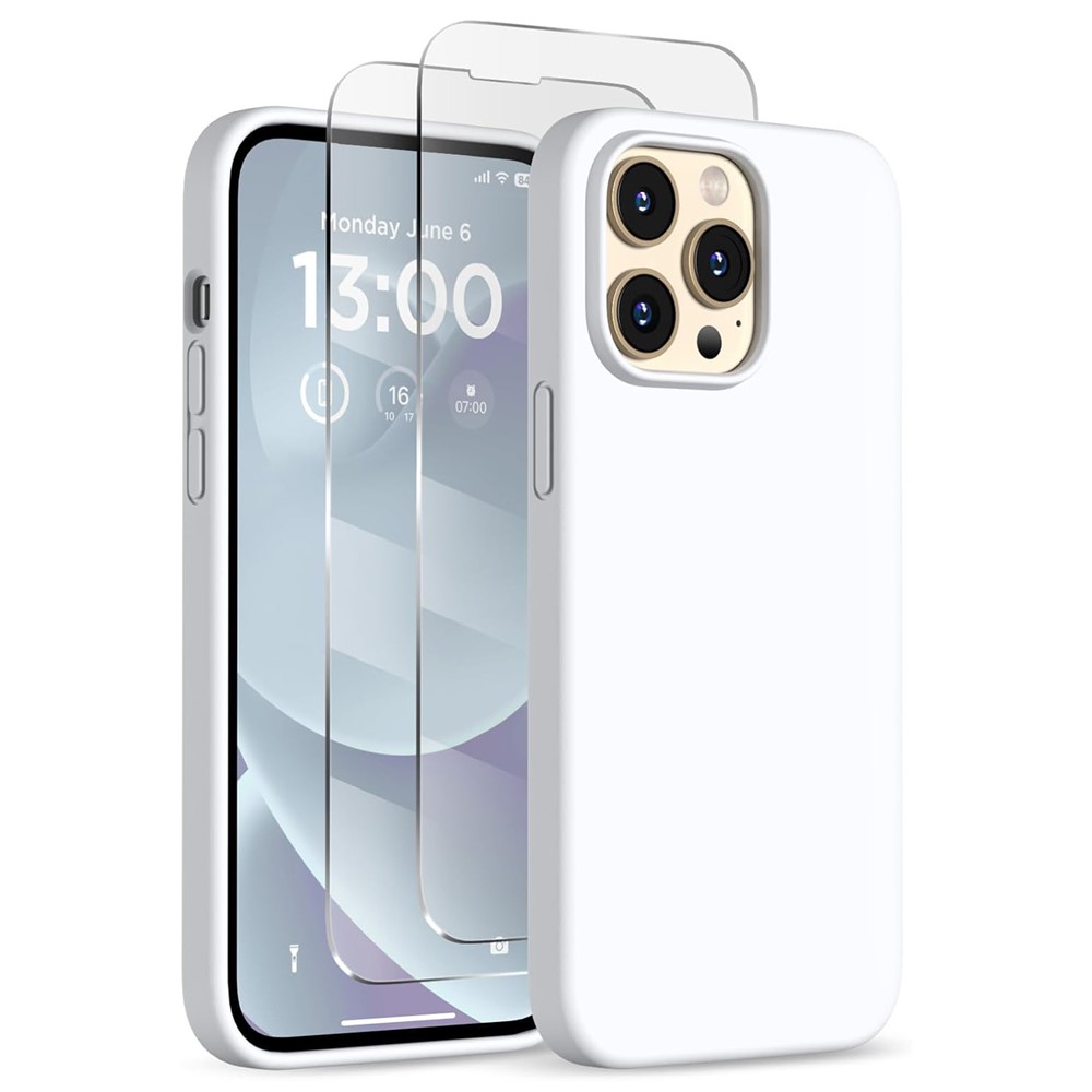 For iPhone 13 Pro Case Compatible with MagSafe Liquid Silicone Cover with 2 Tempered Glass Screen Films - White