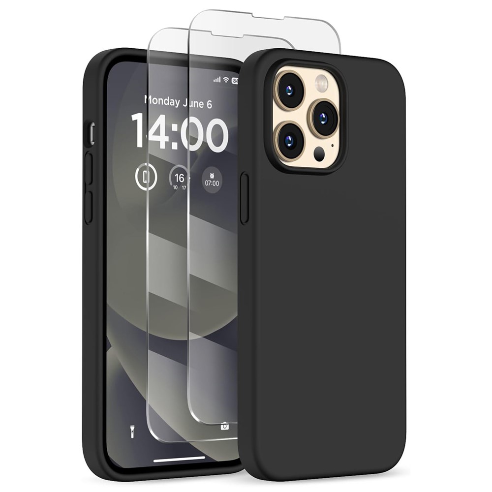 For iPhone 14 Pro Case Compatible with MagSafe Liquid Silicone Cover with 2 Tempered Glass Screen Films - Black