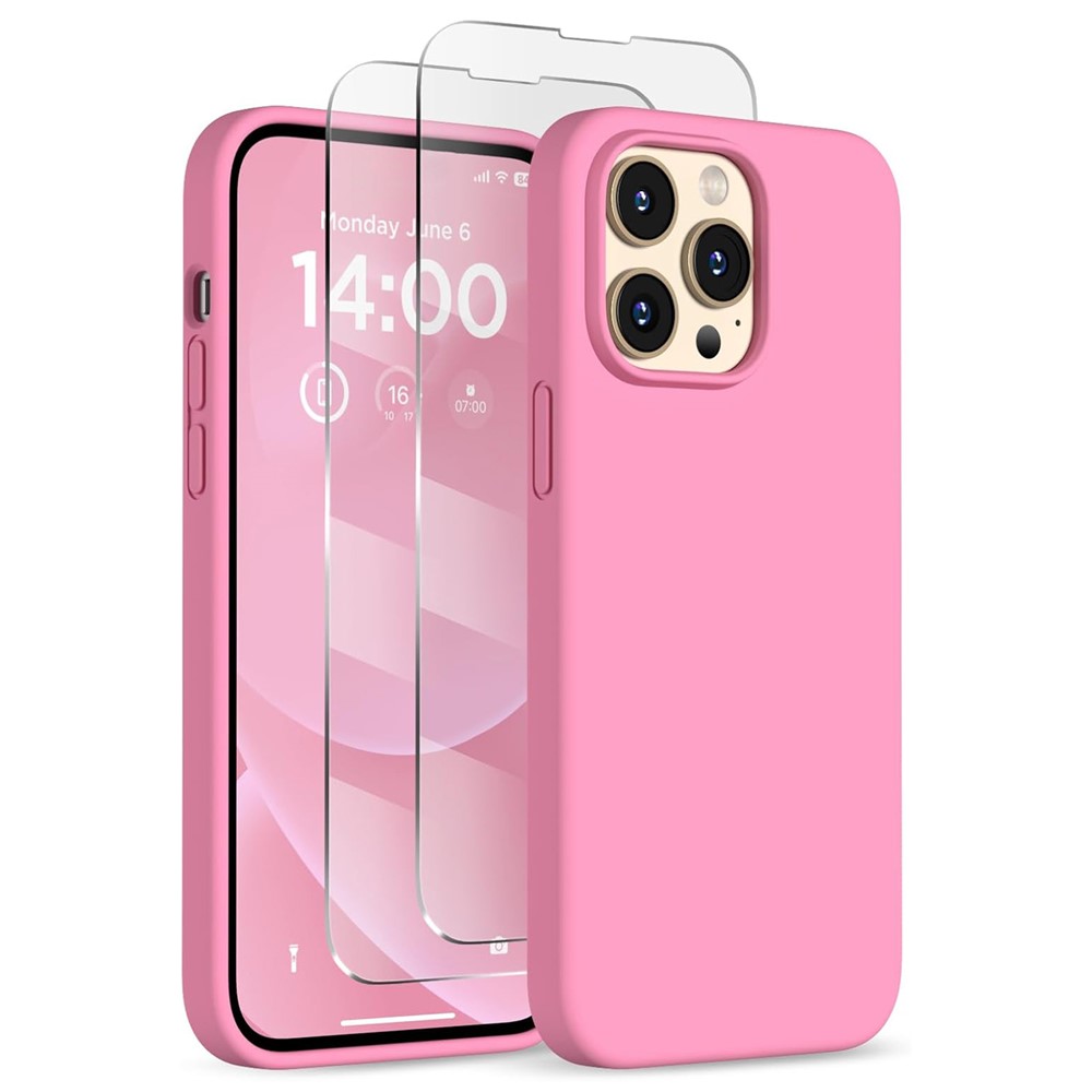 For iPhone 14 Pro Max Case Compatible with MagSafe Liquid Silicone Cover with 2 Tempered Glass Screen Films - Pink
