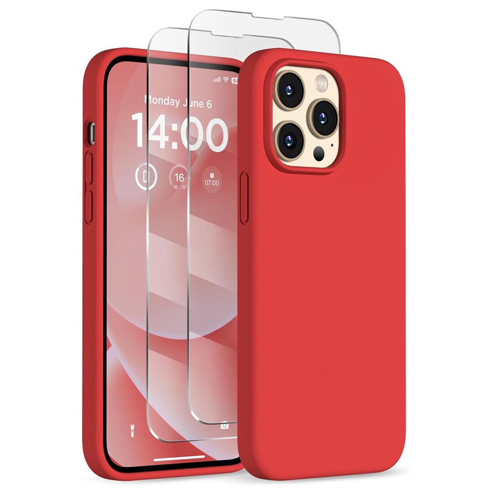 For iPhone 14 Pro Max Case Compatible with MagSafe Liquid Silicone Cover with 2 Tempered Glass Screen Films - Red