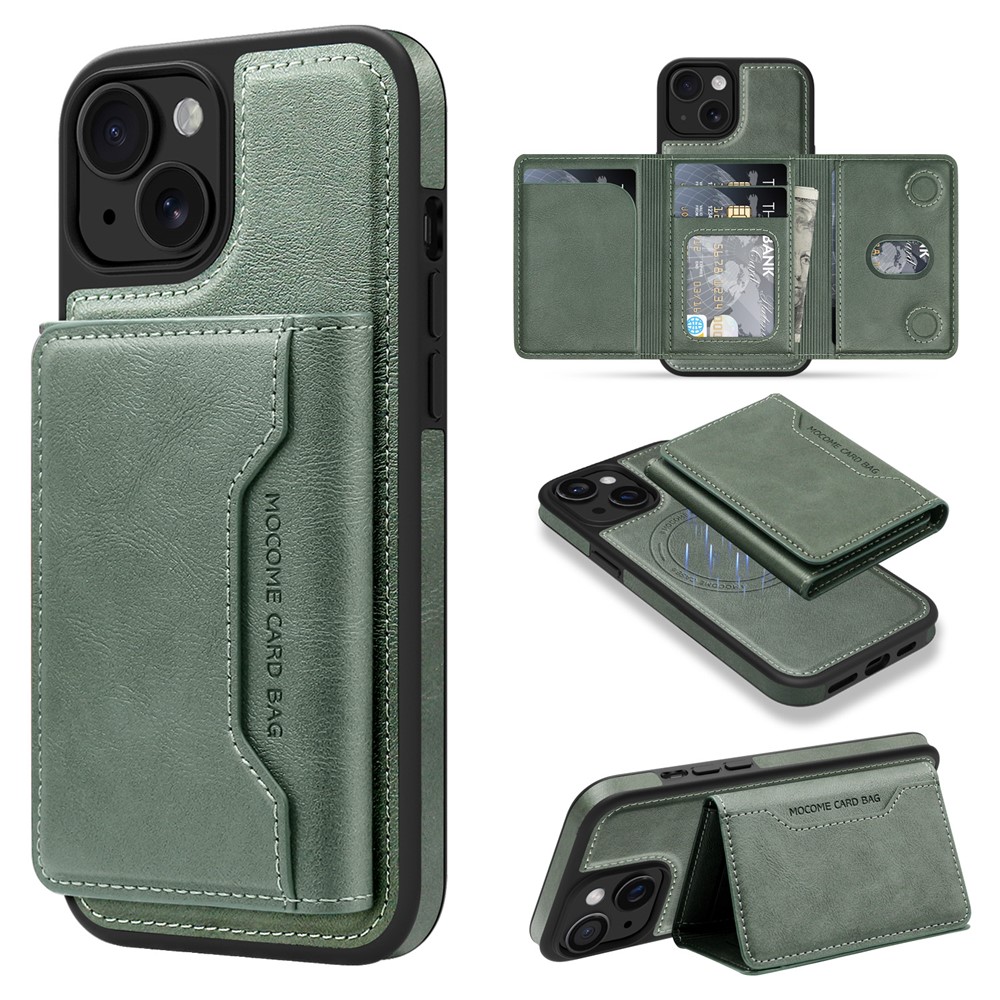 For iPhone 15 Magnetic Case Leather Back Phone Cover with Detachable Card Bag - Blackish Green
