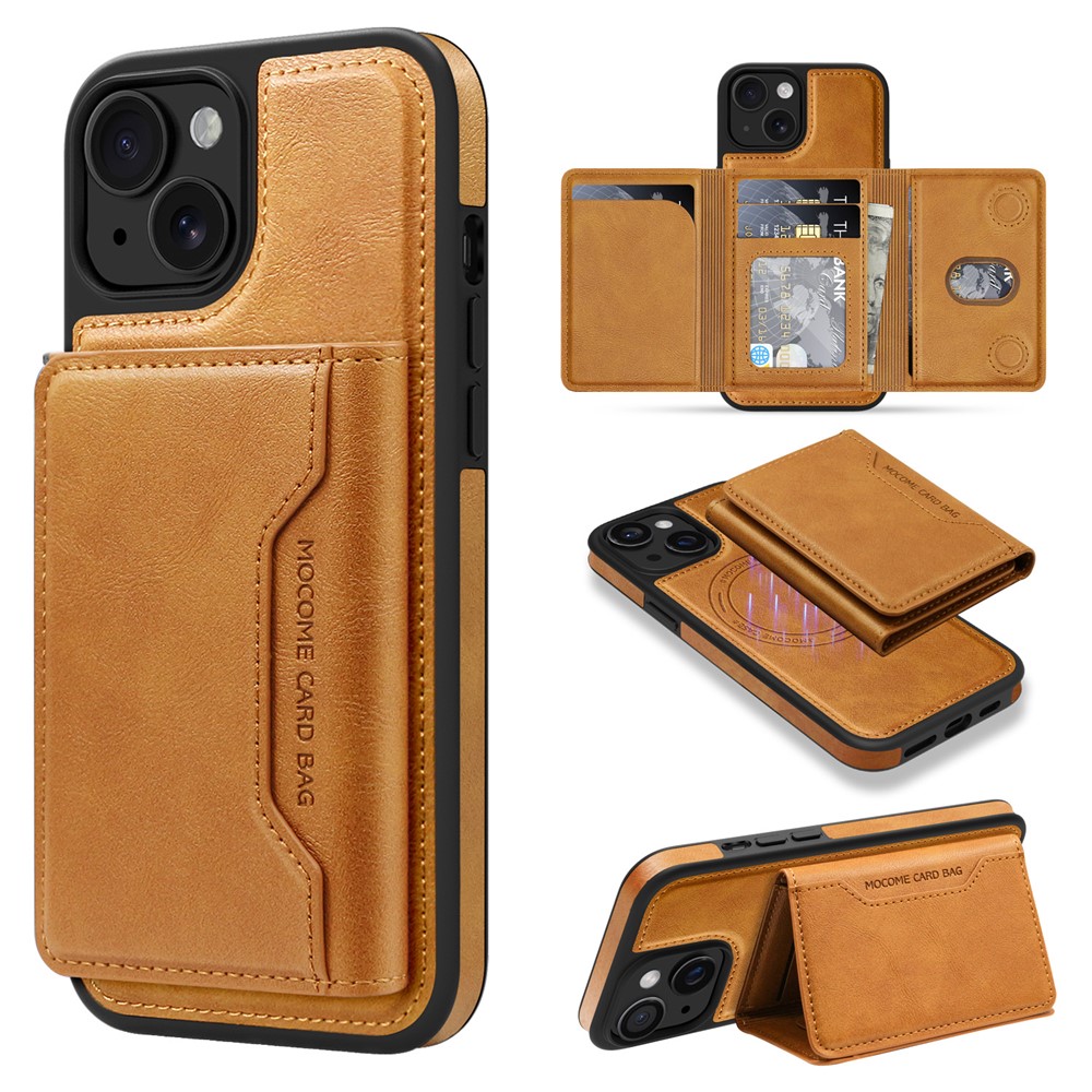 For iPhone 15 Magnetic Case Leather Back Phone Cover with Detachable Card Bag - Brown