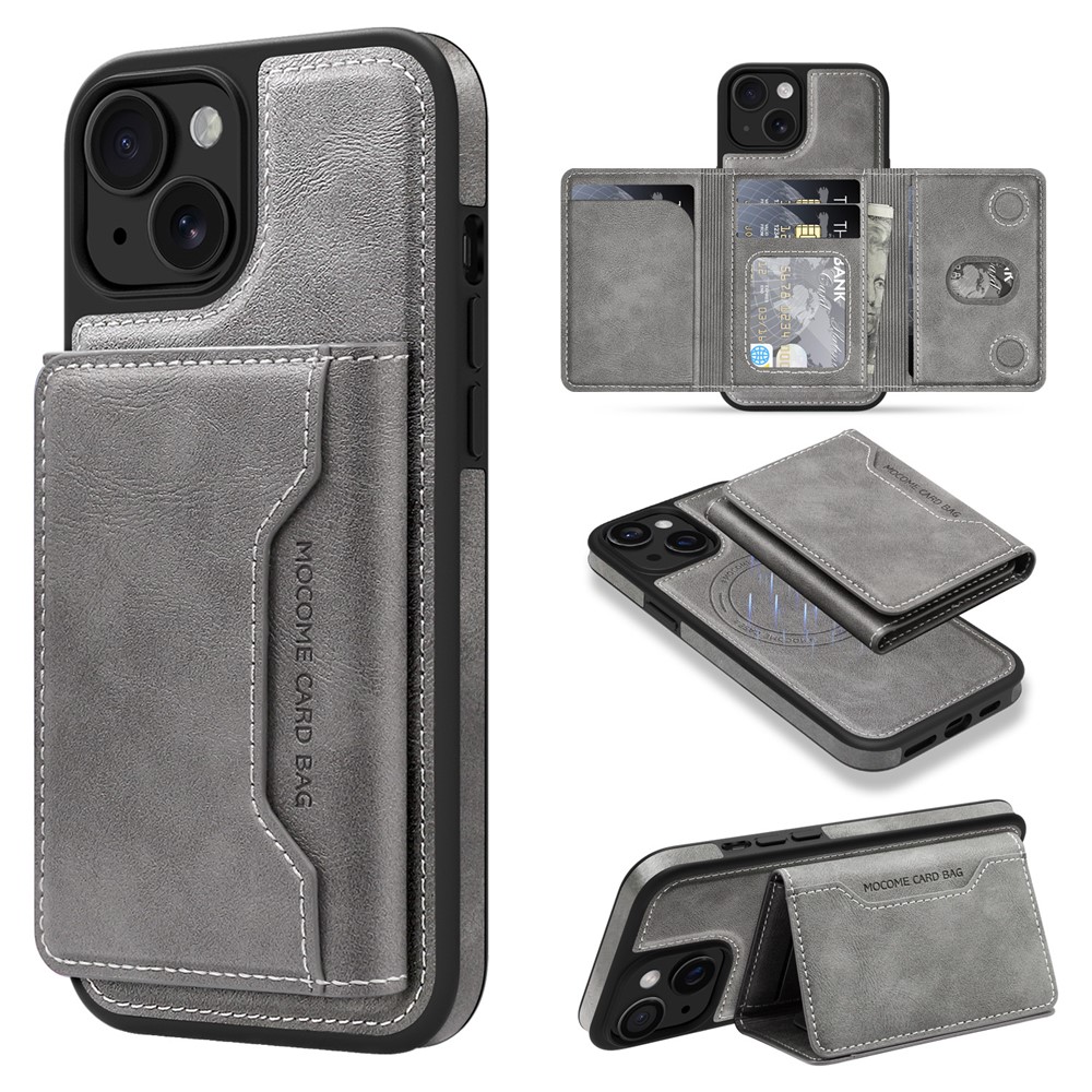 For iPhone 15 Magnetic Case Leather Back Phone Cover with Detachable Card Bag - Titanium Grey