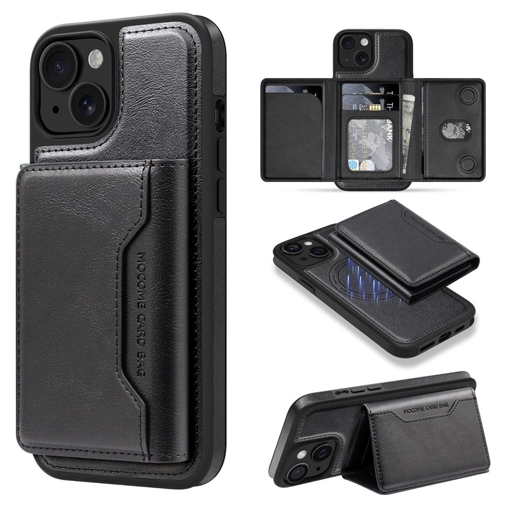 For iPhone 15 Plus Magnetic Case Leather Back Phone Cover with Detachable Card Bag - Black