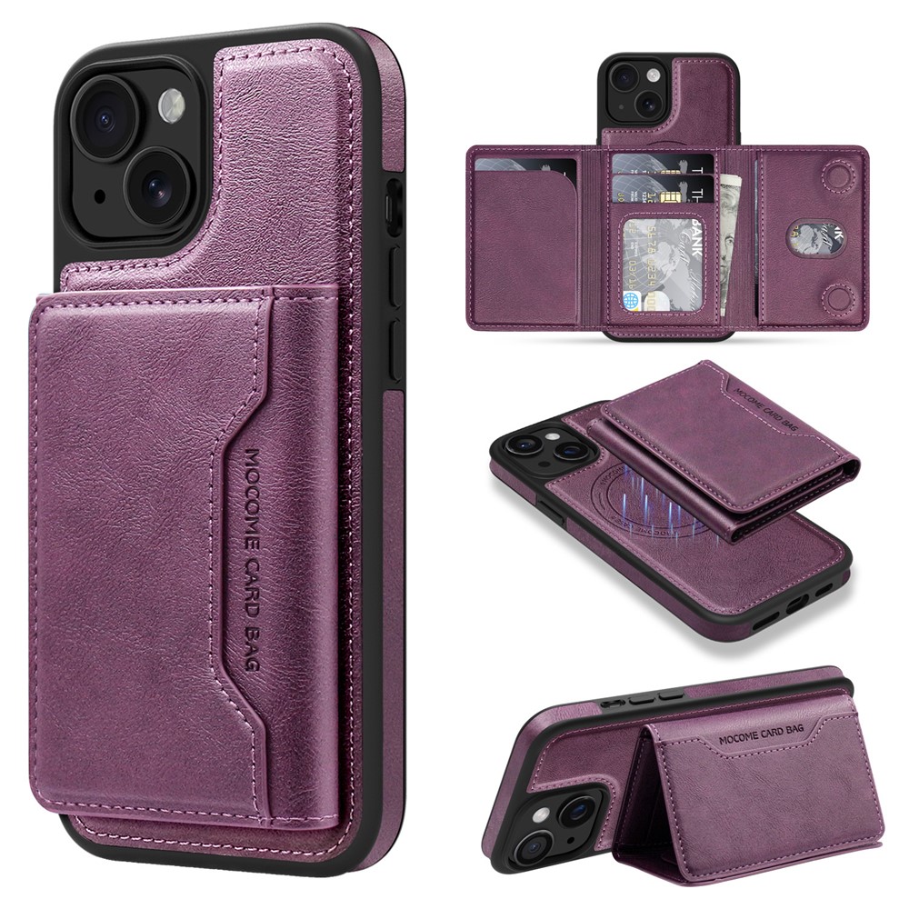 For iPhone 15 Plus Magnetic Case Leather Back Phone Cover with Detachable Card Bag - Dark Purple