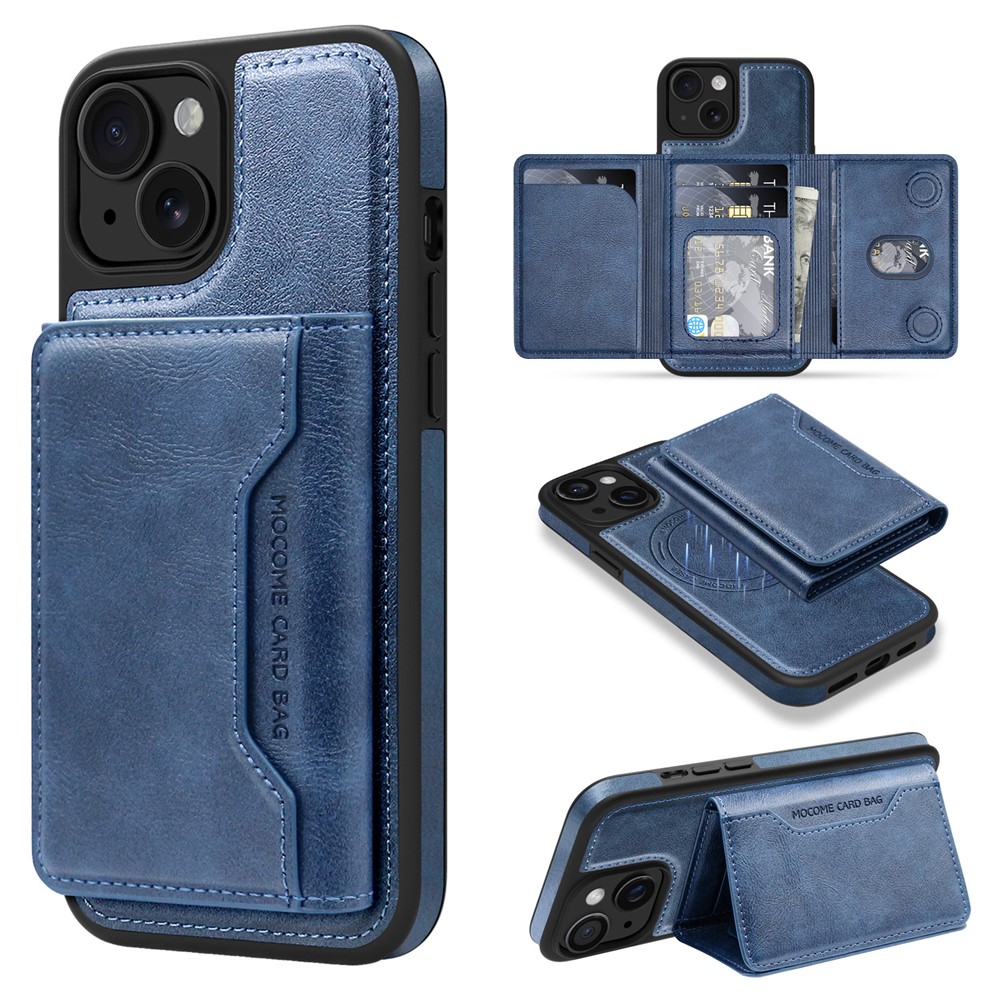 For iPhone 15 Plus Magnetic Case Leather Back Phone Cover with Detachable Card Bag - Sapphire
