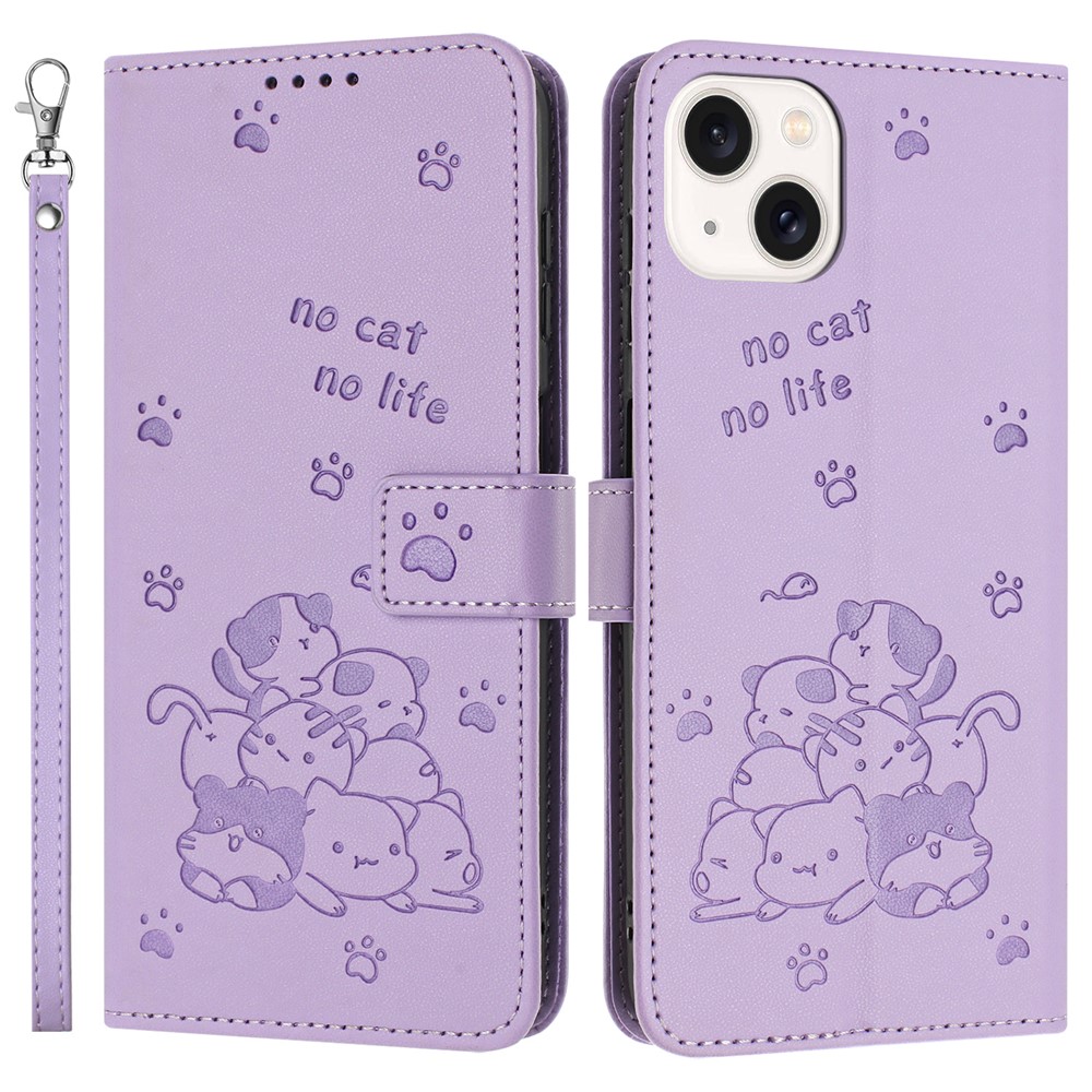 For iPhone 15 Plus  /  14 Plus Case with Strap Cats Imprint Leather Wallet Phone Cover - Purple