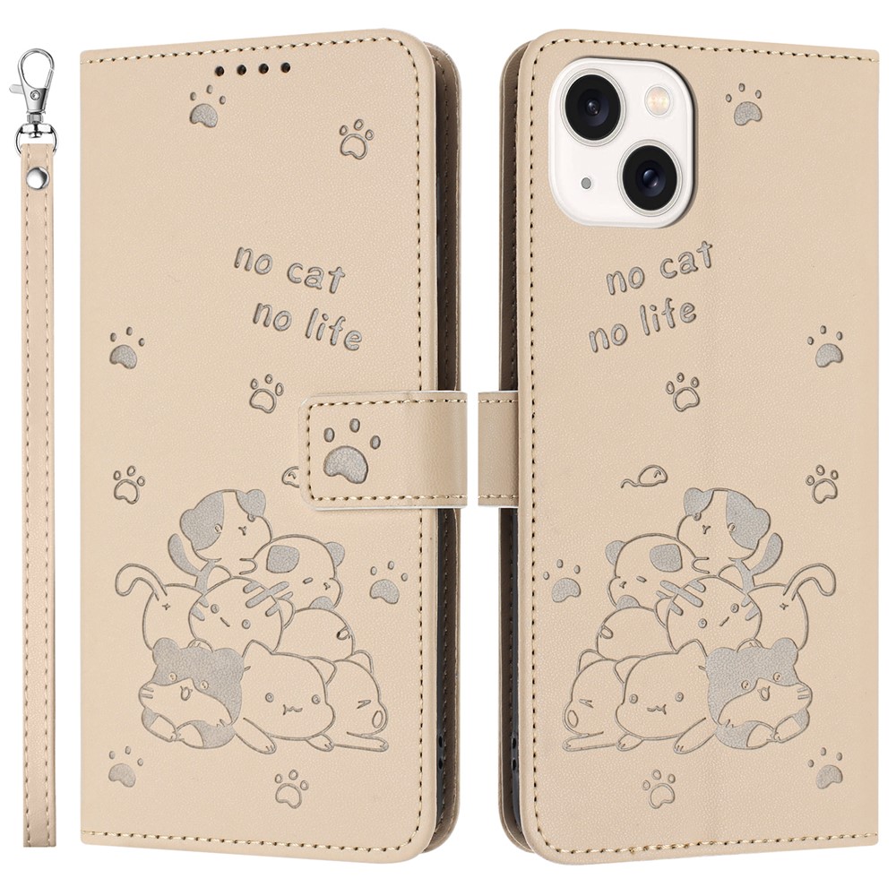 For iPhone 15 Plus  /  14 Plus Case with Strap Cats Imprint Leather Wallet Phone Cover - Beige