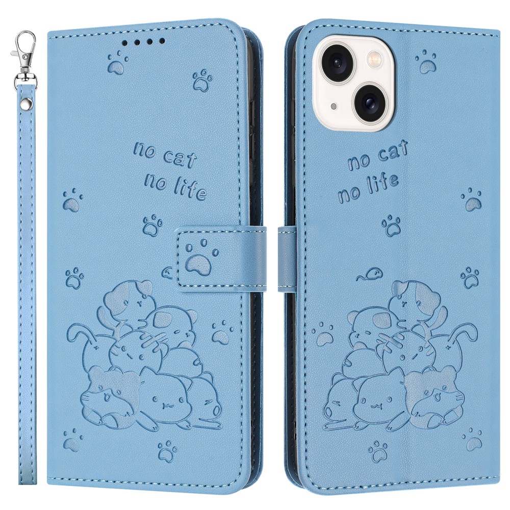 For iPhone 15 Plus  /  14 Plus Case with Strap Cats Imprint Leather Wallet Phone Cover - Blue