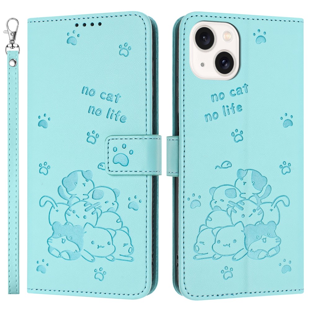 For iPhone 15 Plus  /  14 Plus Case with Strap Cats Imprint Leather Wallet Phone Cover - Green