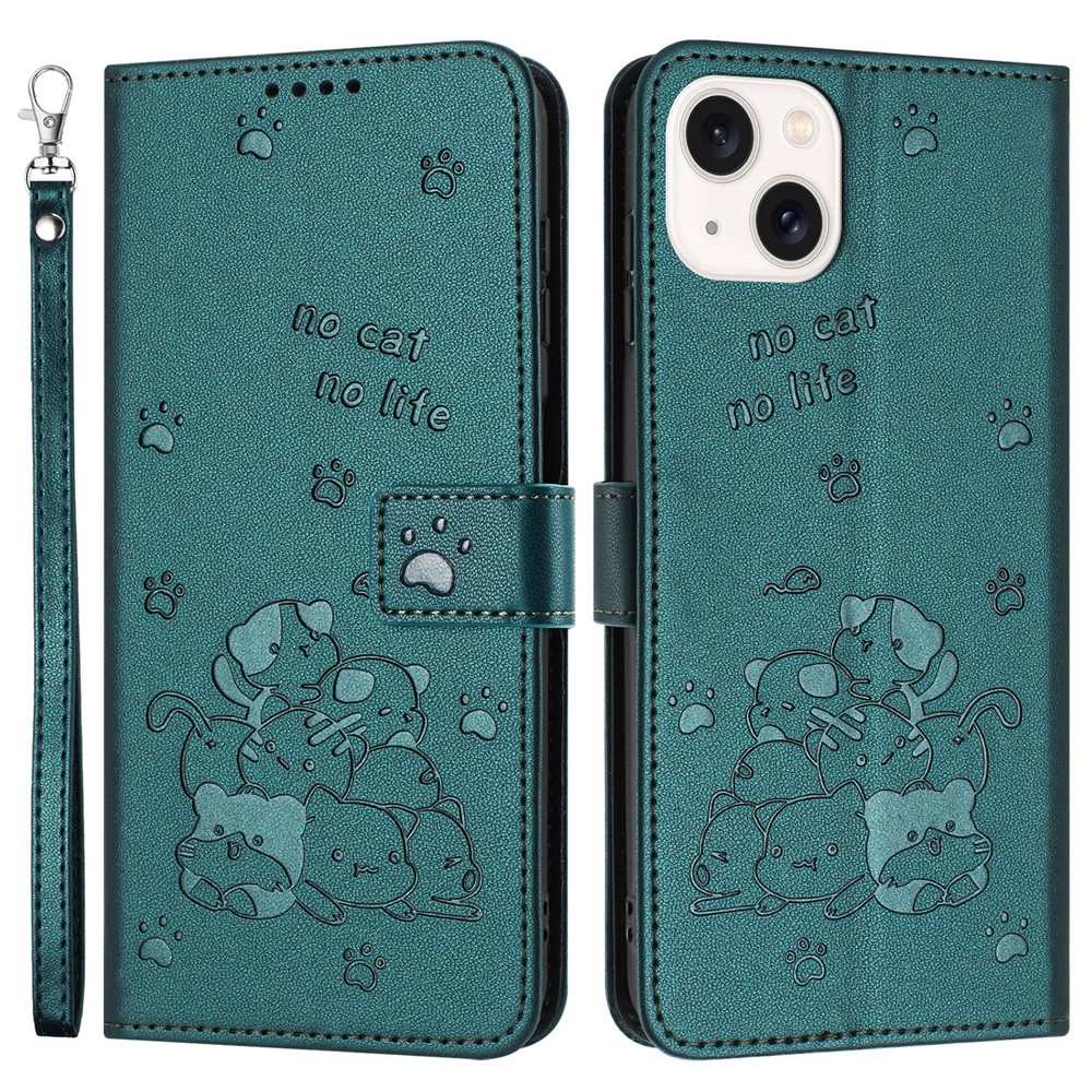 For iPhone 15 Plus  /  14 Plus Case with Strap Cats Imprint Leather Wallet Phone Cover - Blackish Green