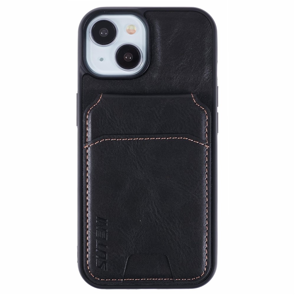 SUTENI H02 For iPhone 15 Case Waxy Texture Leather+TPU Card Slots Kickstand Phone Cover - Black