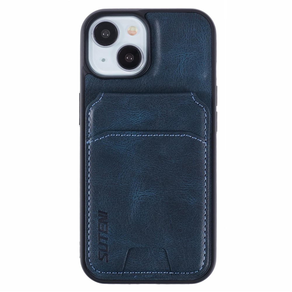 SUTENI H02 For iPhone 15 Case Waxy Texture Leather+TPU Card Slots Kickstand Phone Cover - Blue
