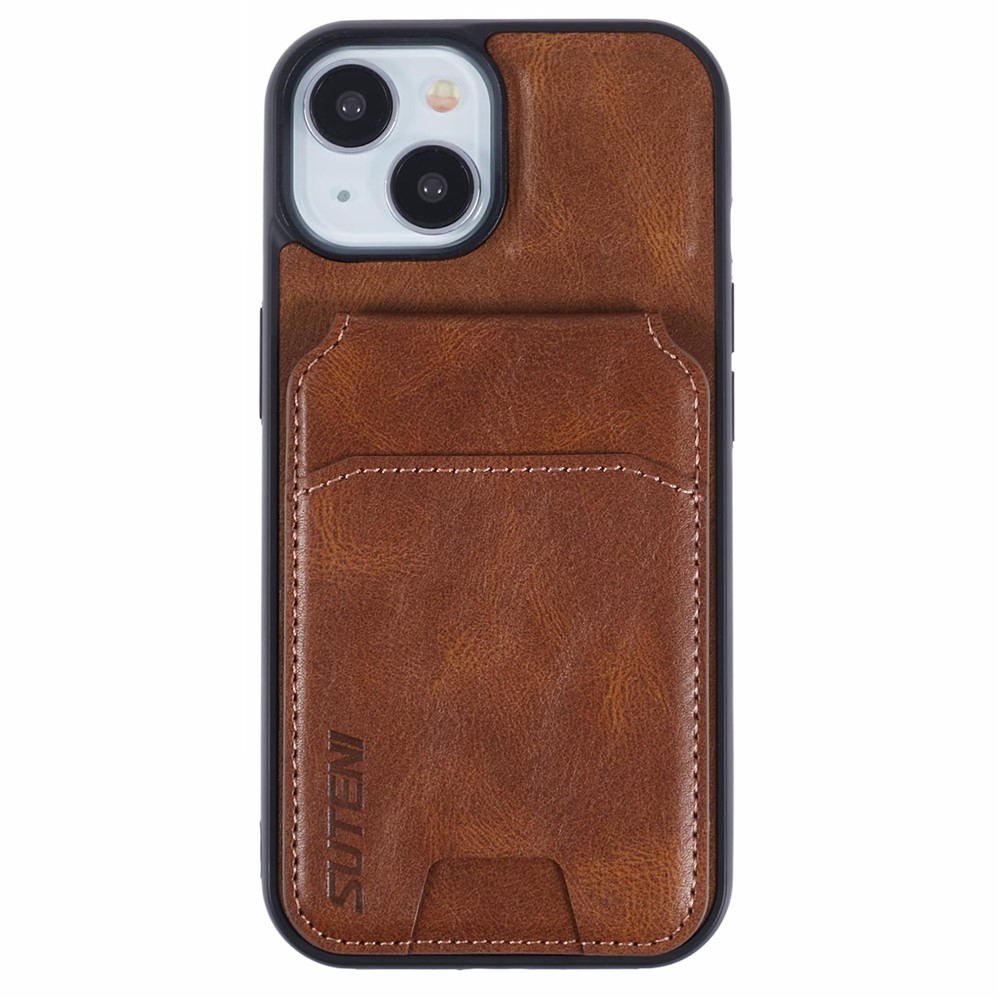 SUTENI H02 For iPhone 15 Case Waxy Texture Leather+TPU Card Slots Kickstand Phone Cover - Brown