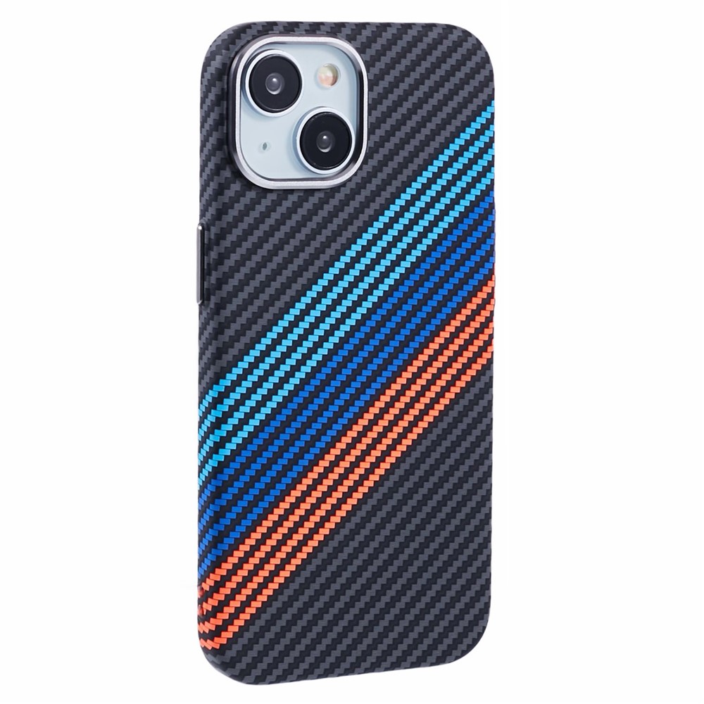 For iPhone 15 Case Compatible with MagSafe Carbon Fiber Texture Water-Transfer PC Phone Cover - Baby Blue+Dark Blue+Red