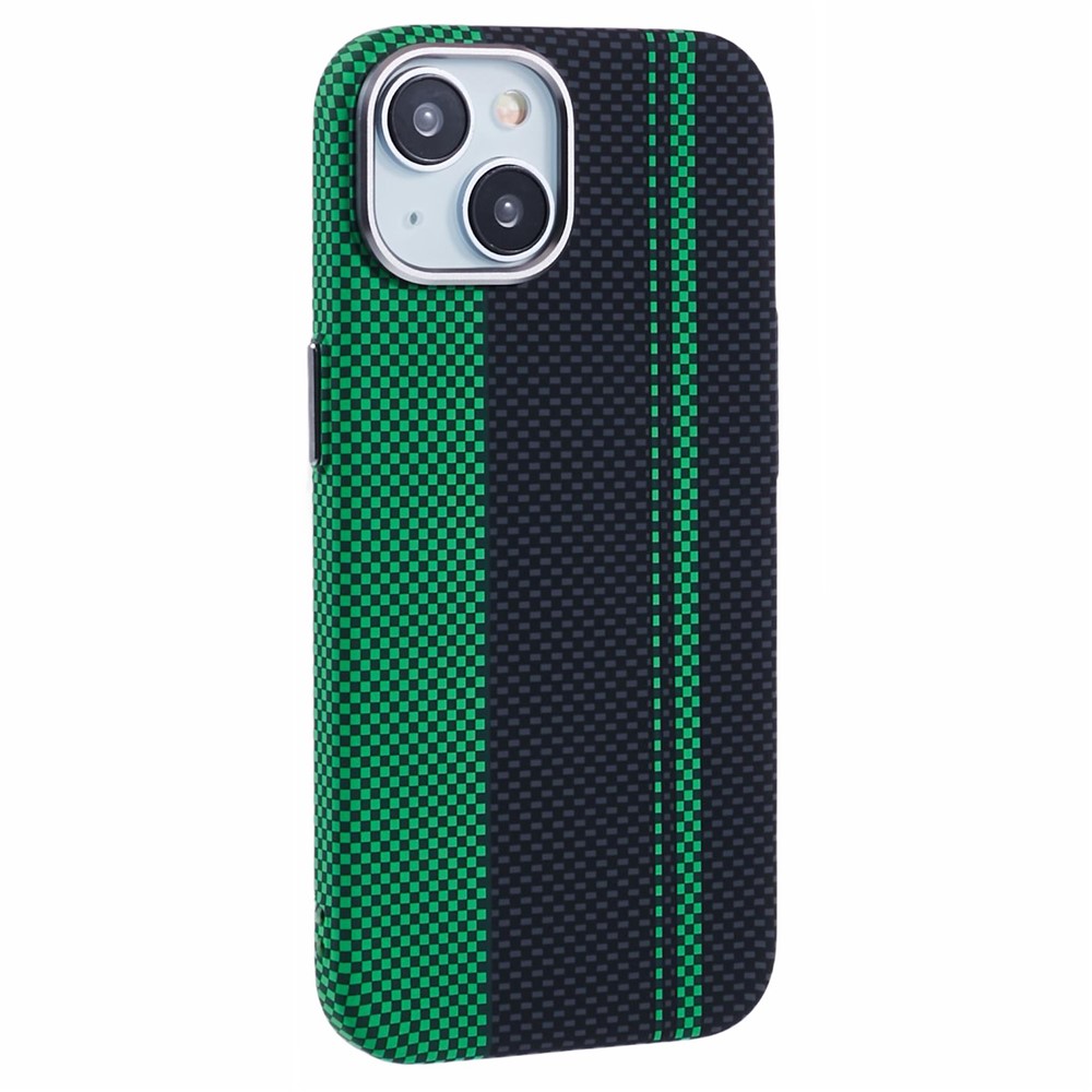 For iPhone 15 Case Compatible with MagSafe Carbon Fiber Texture Water-Transfer PC Phone Cover - Green+Black Stripes