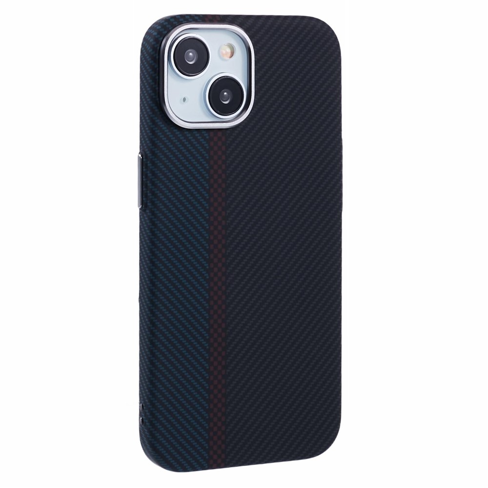 For iPhone 15 Case Compatible with MagSafe Carbon Fiber Texture Water-Transfer PC Phone Cover - Blue+Red+Black