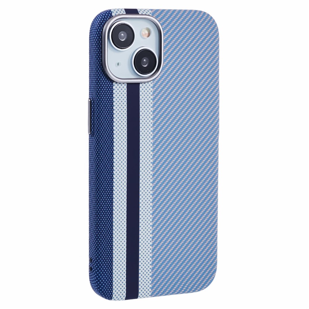 For iPhone 15 Case Compatible with MagSafe Carbon Fiber Texture Water-Transfer PC Phone Cover - Blue Vertical Stripes