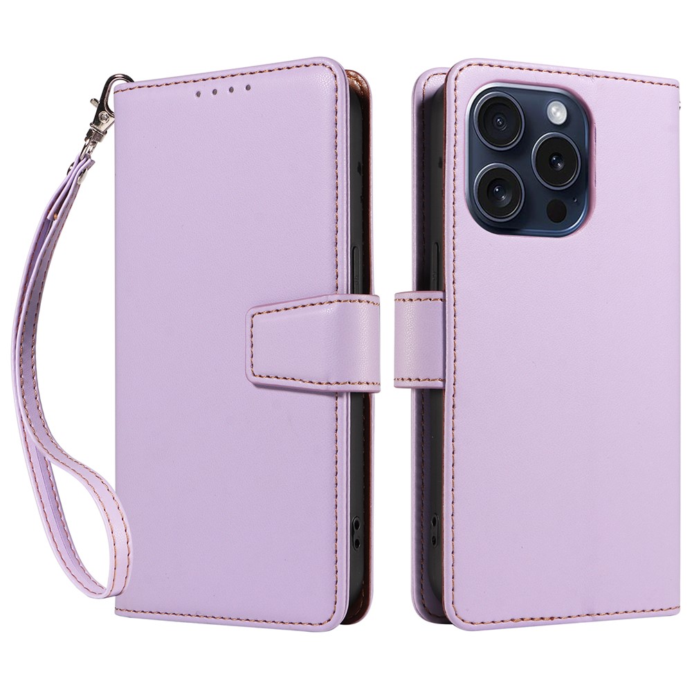 For iPhone 14 Pro Case RFID Blocking PU Leather Wallet Flip Phone Cover with Wrist Strap - Lavender Purple